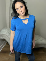 Bulgari Royal Blue Keyhole Short Sleeve Top