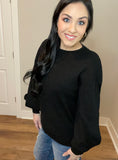 S-XL Black Ribbed Balloon Slit Sleeve Sweater