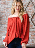 S-3X Balloon Sleeve Rust Swiss Dot On Or Off Shoulder Blouse