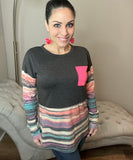 Aztec Contrast Long Sleeve Hot Pink Pocket Tee