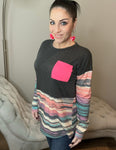 Aztec Contrast Long Sleeve Hot Pink Pocket Tee