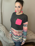 Aztec Contrast Long Sleeve Hot Pink Pocket Tee