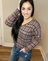 S-3X Mauve Plaid Long Sleeve Faux Button Top