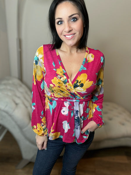 Floral Long Sleeve Surplice Top