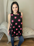 Round Neck Hot Pink Star Black Tank Top