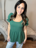 S-XL Dark Green Puff Sleeve Sweetheart Neck Top
