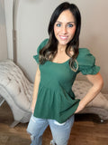 S-XL Dark Green Puff Sleeve Sweetheart Neck Top