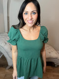 S-XL Dark Green Puff Sleeve Sweetheart Neck Top