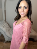 Brick Colored Lace Short Sleeve Detailed Top