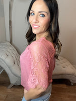 Brick Colored Lace Short Sleeve Detailed Top