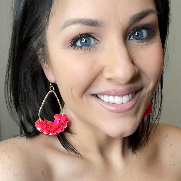 Gold Teardrop Earrings with Hot Pink Sequins