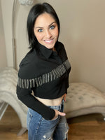 S-L Rhinestone Fringe Trim Cropped Button Down