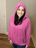 S XL XXL XXXL Ribbed Kangaroo Drawstring Hoodie in Magenta