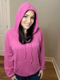 S XL XXL XXXL Ribbed Kangaroo Drawstring Hoodie in Magenta