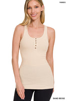 Zenana Stretchy Ribbed Button Closure Racerback Tank Top - 2 Colors