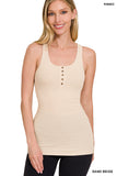 Zenana Stretchy Ribbed Button Closure Racerback Tank Top - 2 Colors
