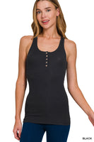 Zenana Stretchy Ribbed Button Closure Racerback Tank Top - 2 Colors