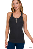 Zenana Stretchy Ribbed Button Closure Racerback Tank Top - 2 Colors