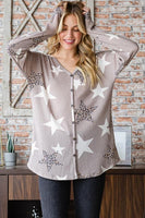 Star Leopard Design Waffles Knit Button Down Long Sleeve Top