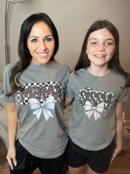 PREORDER - Mama & Sissy Baseball Bow Leopard Checkered Graphic Tee