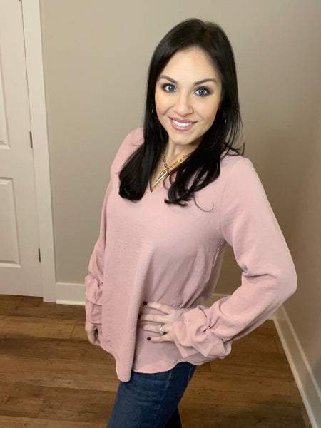 S-XL Dusty Mauve Long Sleeve Ruffled Cuff Top