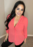 Small Only - Coral Ruched Sleeve Button Down Top