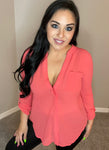 Small Only - Coral Ruched Sleeve Button Down Top