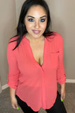 Small Only - Coral Ruched Sleeve Button Down Top