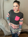 Aztec Contrast Long Sleeve Hot Pink Pocket Tee