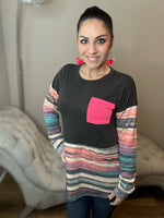 Aztec Contrast Long Sleeve Hot Pink Pocket Tee