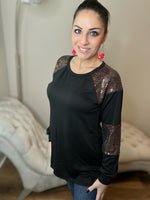 S-3X Metallic Sequin Fun Long Sleeve Black Top