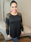 S-3X Metallic Sequin Fun Long Sleeve Black Top