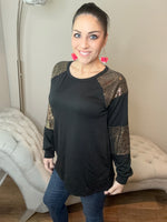 S-3X Metallic Sequin Fun Long Sleeve Black Top