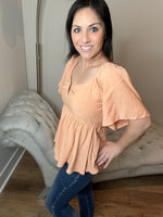 Acid Wash Peach V-Neck Smocked Top