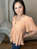 Acid Wash Peach V-Neck Smocked Top