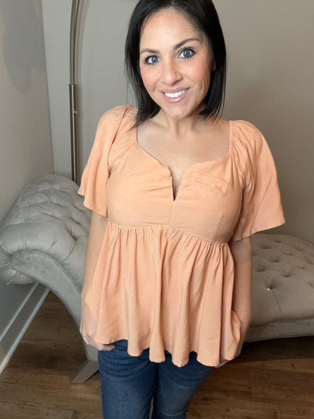 Acid Wash Peach V-Neck Smocked Top