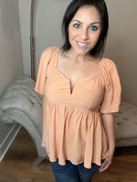 Acid Wash Peach V-Neck Smocked Top