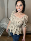 S-XL Polka Dot Smocked Bodice Woven Top