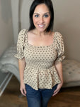 S-XL Polka Dot Smocked Bodice Woven Top