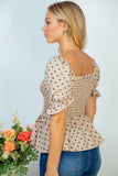 S-XL Polka Dot Smocked Bodice Woven Top