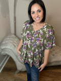 Floral Knit V-Neck Olive Top