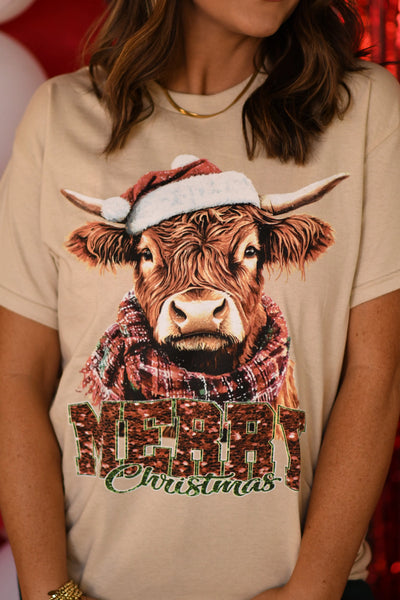 PREORDER - Faux Glitter Highland Cow Merry Christmas Graphic Top