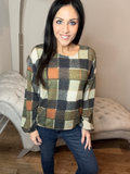 S-3X Olive Plaid Balloon Sleeve Top