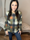 S-3X Olive Plaid Balloon Sleeve Top