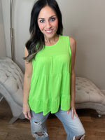 S-3X Neon Lime Tiered Flowy Tank Top
