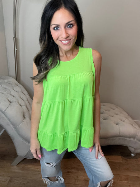 S-3X Neon Lime Tiered Flowy Tank Top