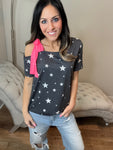 S-3X Hot Pink Tied Shoulder Stars Top