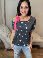 S-3X Hot Pink Tied Shoulder Stars Top