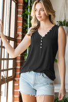S-3X Iridescent Pearl Faux Button Black Sleeveless Top