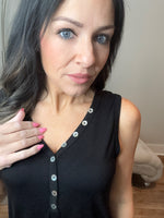S-3X Iridescent Pearl Faux Button Black Sleeveless Top